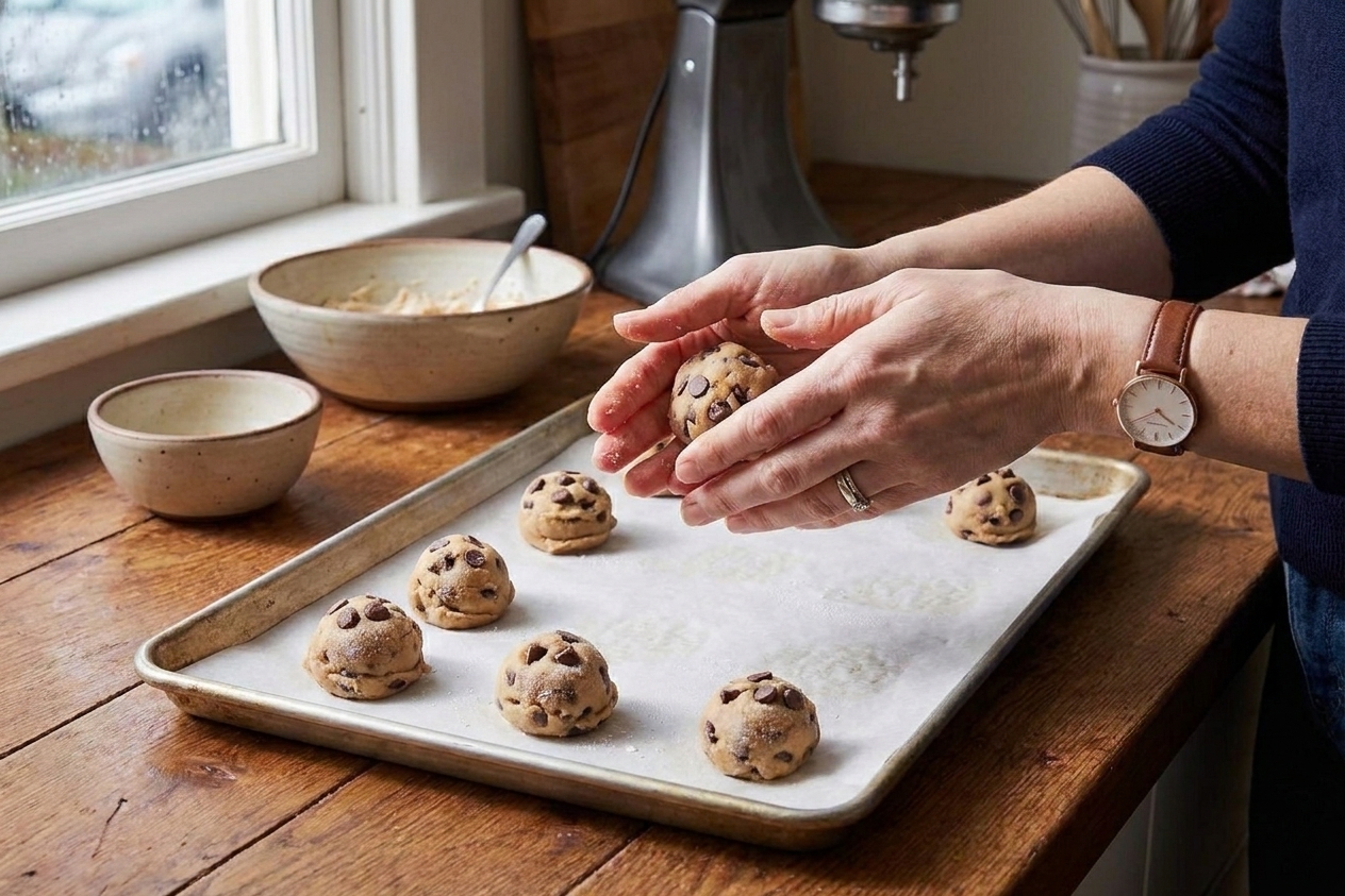 Hands in a home kitchen in Portland shaping chocolate chip cookie dough balls on a parchment-lined baking sheet