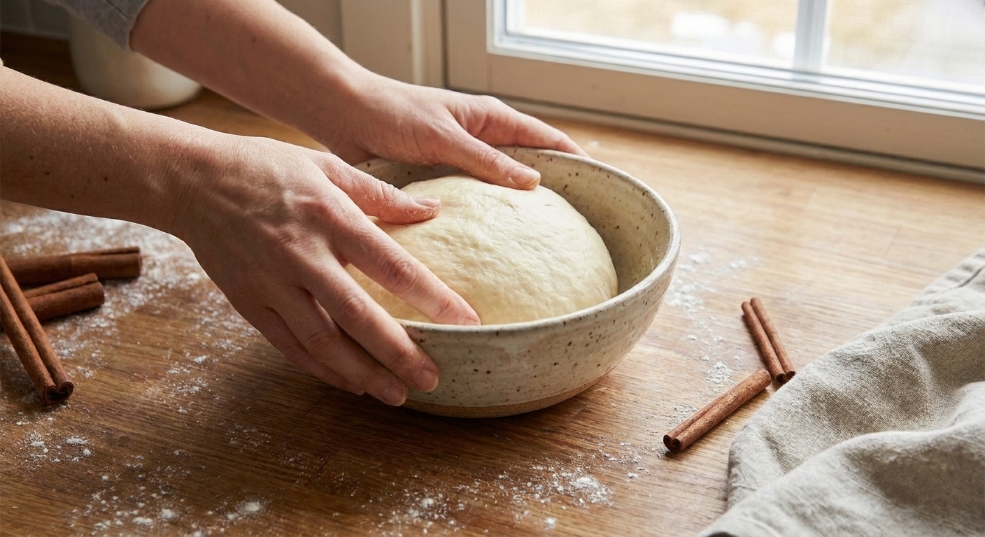 Hands kneading a soft enriched dough in a mixing bowl on a home kitchen counter