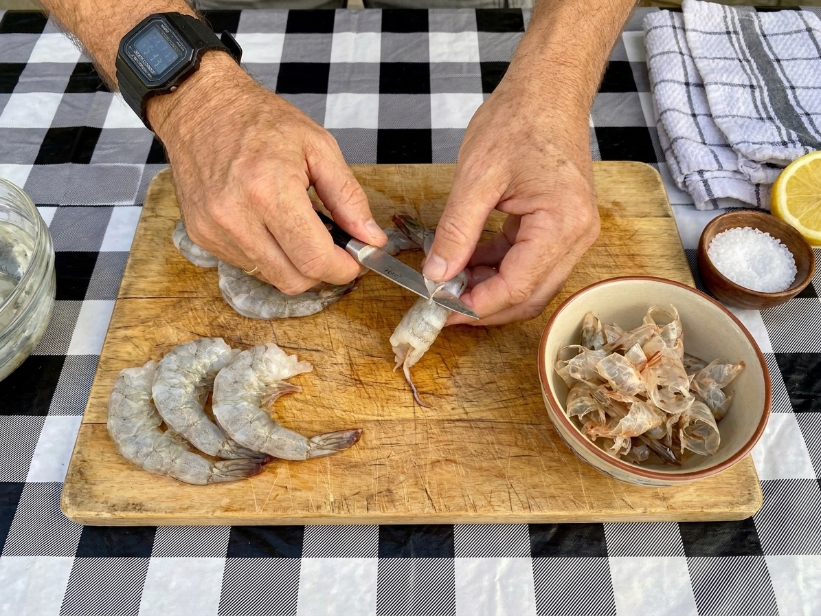 Hands peeling and deveining raw shrimp over a cutting board with a small bowl for shells