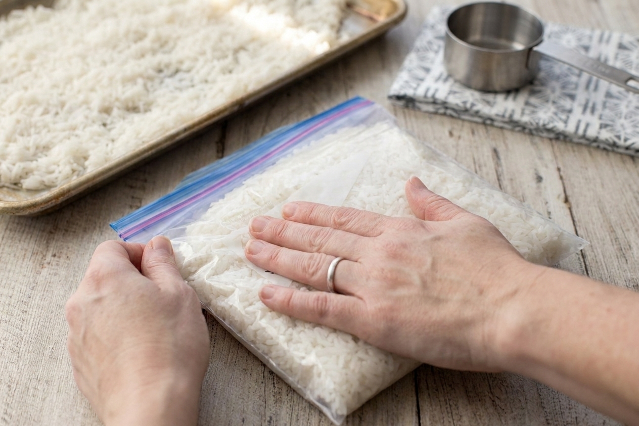 Hands pressing air out of a freezer bag filled with cooked rice and sealing it on a kitchen counter