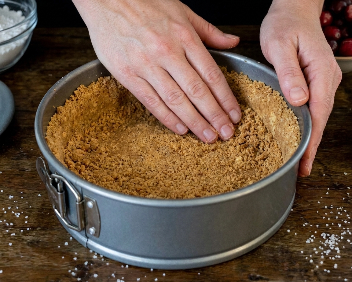 Hands pressing graham cracker crust mixture into the bottom of a springform pan on a kitchen counter