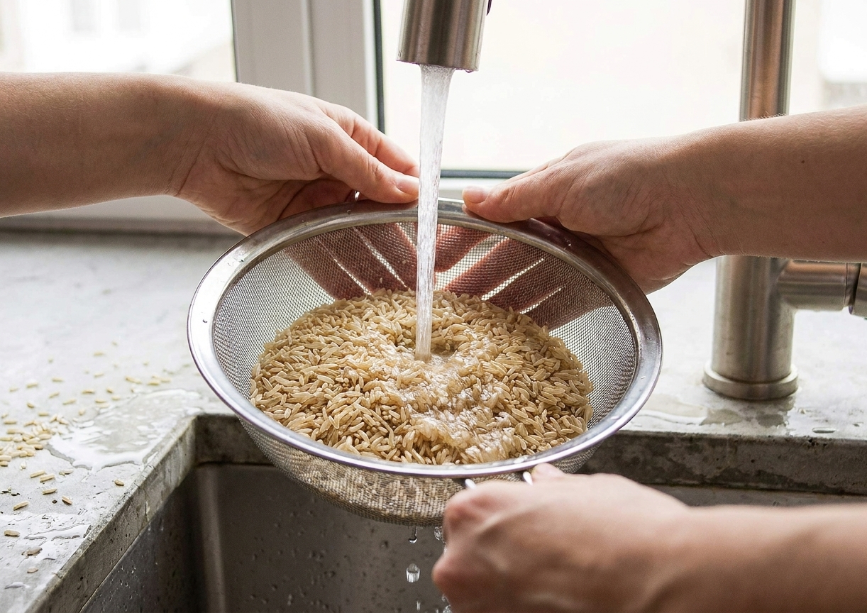 Hands rinsing brown rice in a fine mesh sieve under a running kitchen faucet