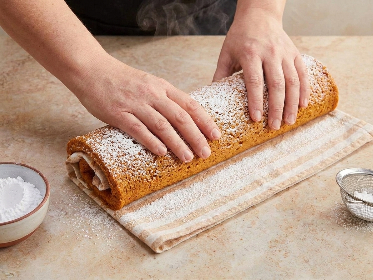 Hands rolling a warm pumpkin sheet cake into a log using a powdered sugar dusted kitchen towel