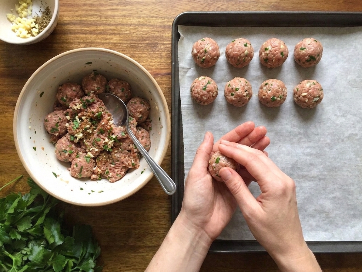 Hands rolling seasoned turkey meatball mixture into smooth balls over a parchment-lined sheet pan