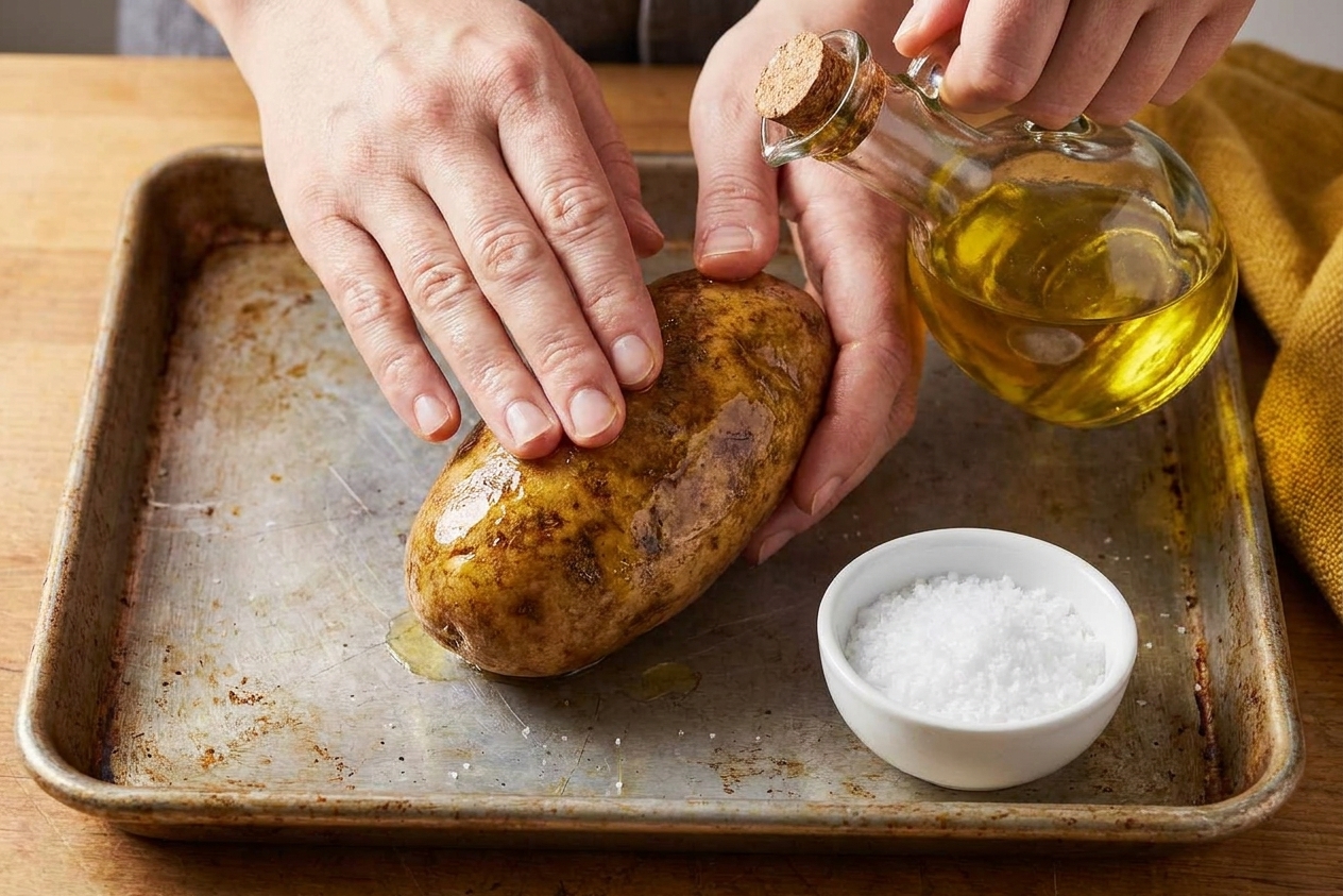 Hands rubbing oil over a scrubbed russet potato on a sheet pan, with coarse kosher salt nearby