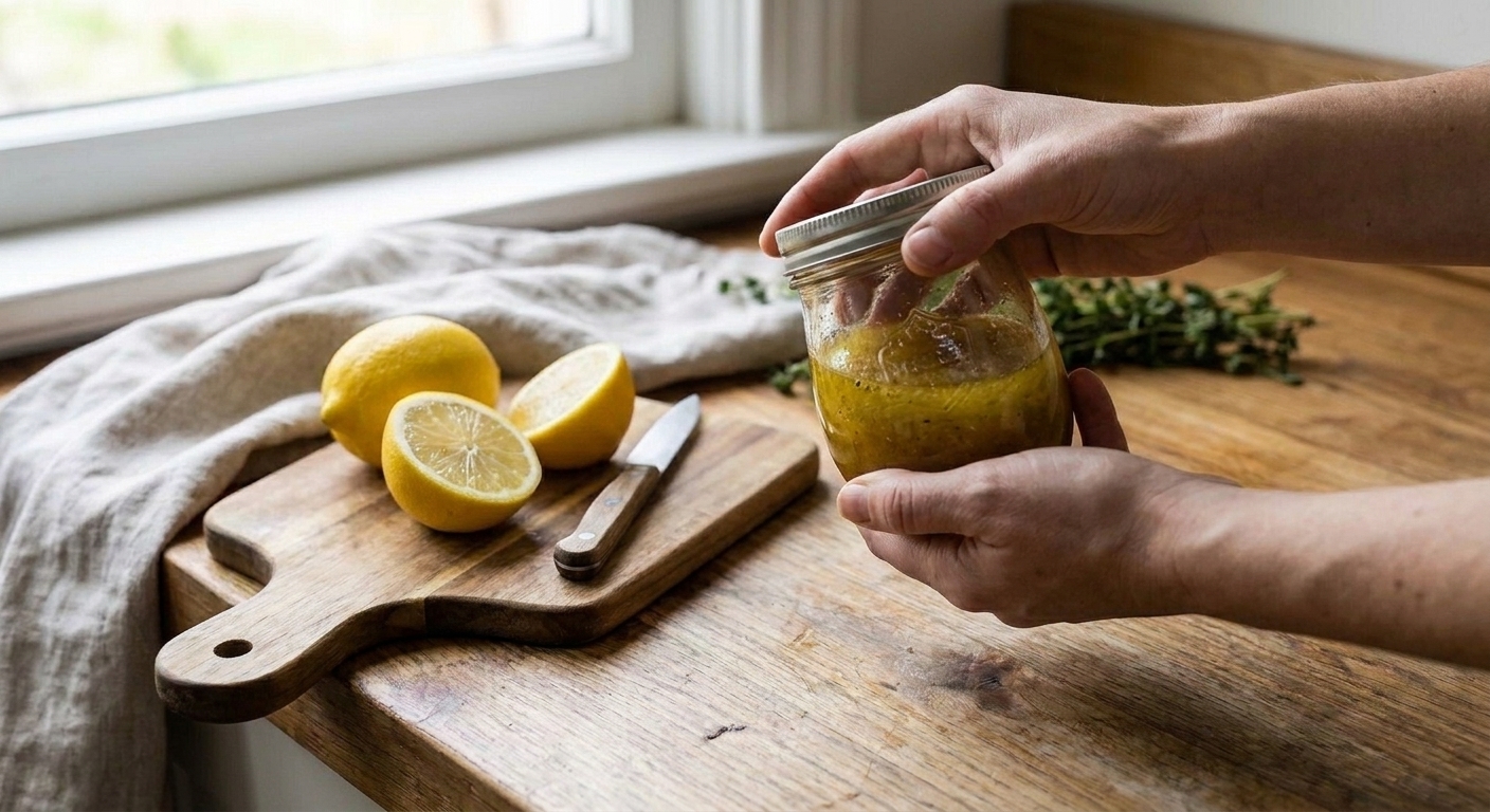 Hands shaking a lidded glass jar of vinaigrette over a kitchen counter, with a cutting board and lemon nearby