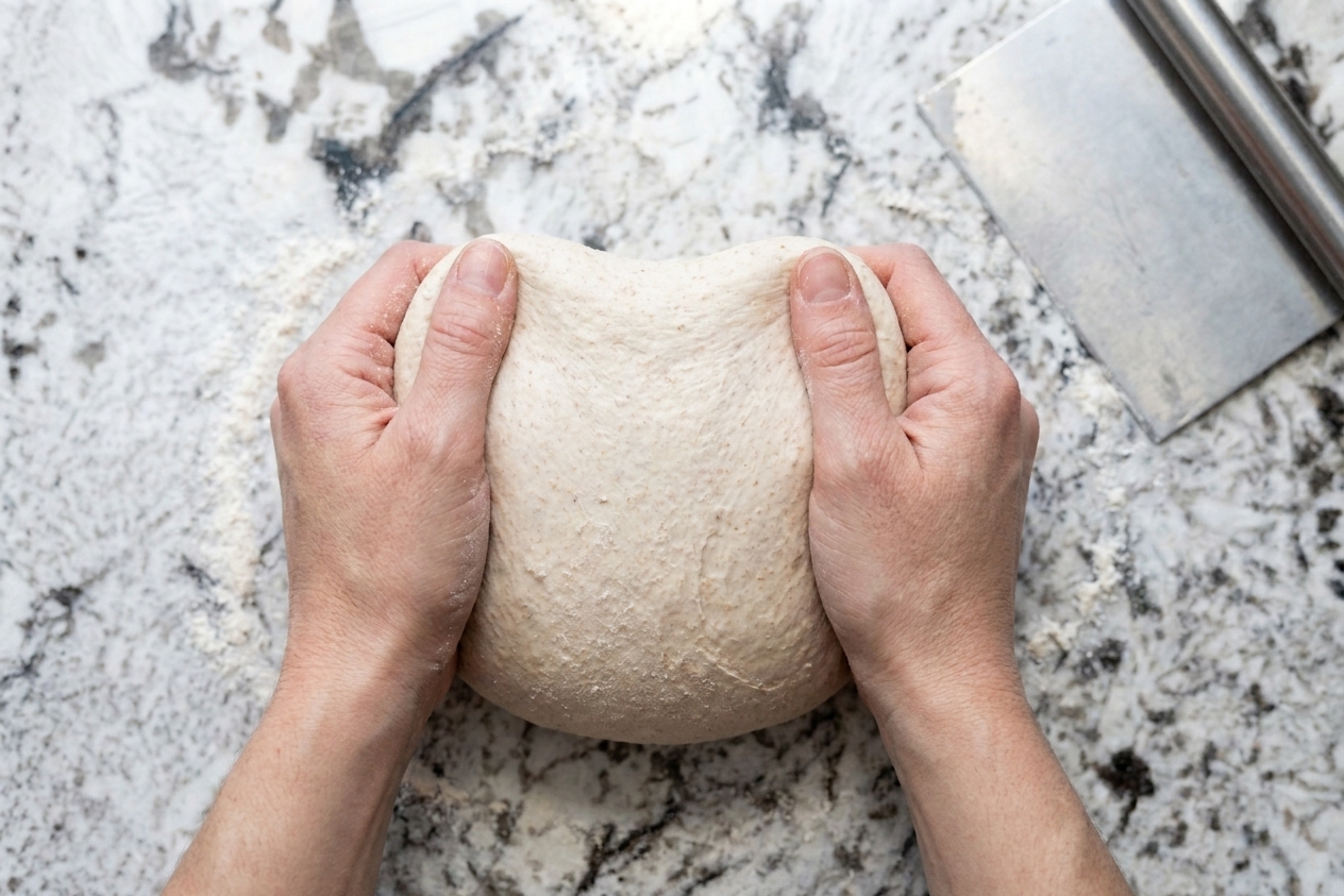 Hands shaping a round sourdough boule on a countertop, pulling the dough toward itself to build surface tension