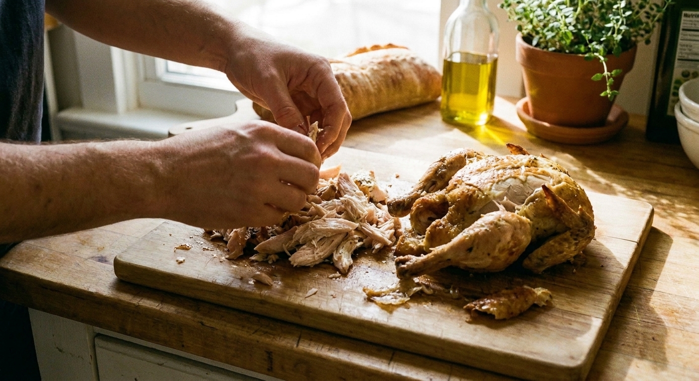 Hands shredding rotisserie chicken on a cutting board with a small pile of meat and the carcass off to the side