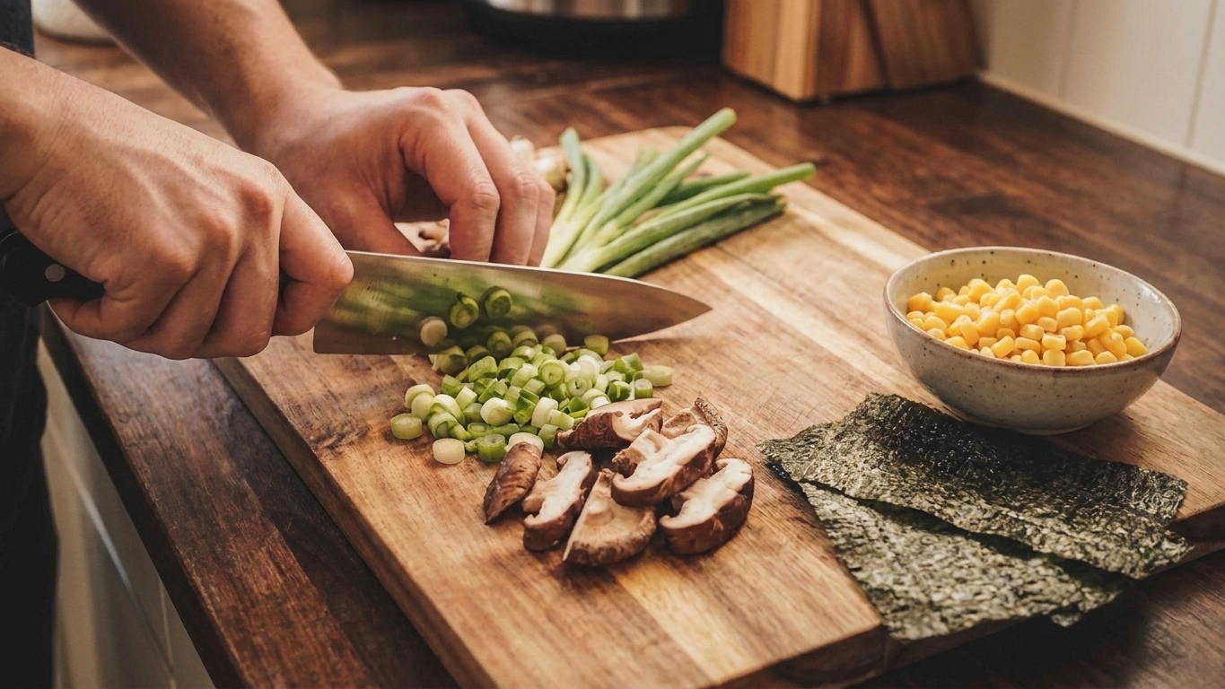 Hands slicing scallions and mushrooms on a cutting board next to nori sheets and a small bowl of corn for ramen toppings