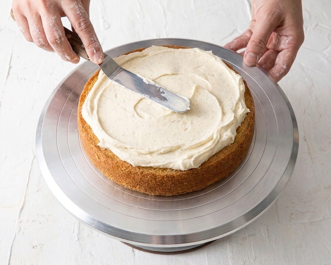 Hands spreading vanilla buttercream over a cooled vanilla cake layer on a rotating cake stand