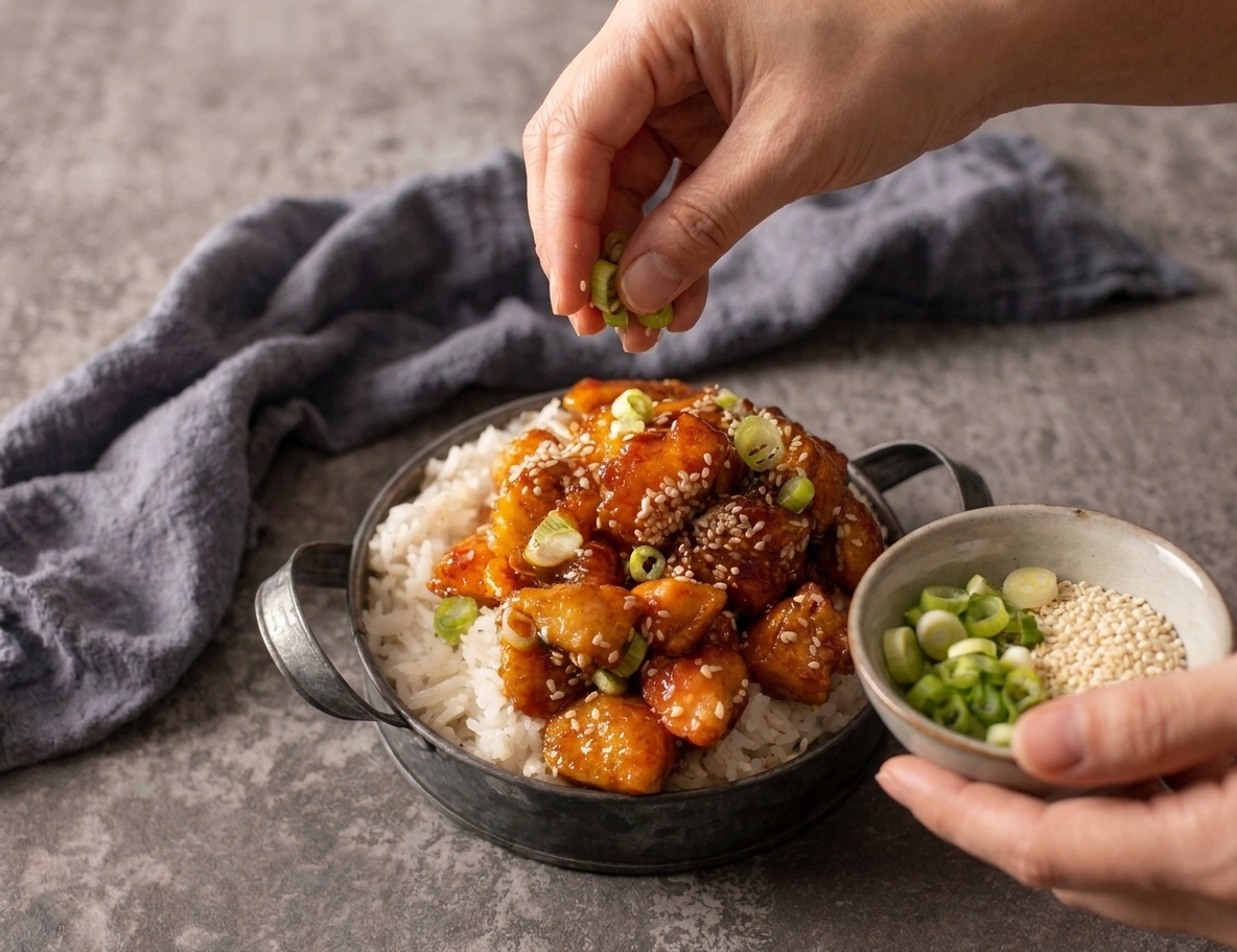 Hands sprinkling sliced scallions and sesame seeds over a bowl of saucy crispy chicken and rice on a kitchen counter