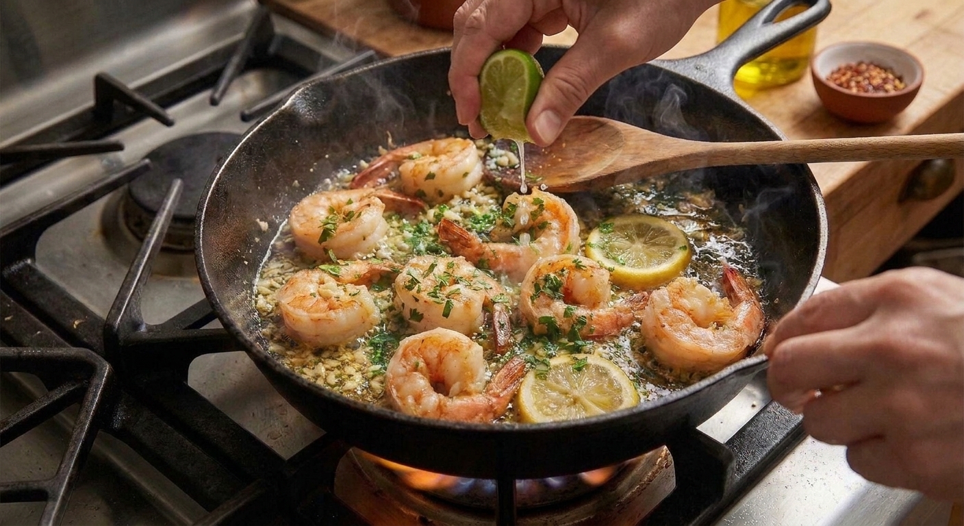 Hands squeezing a lime wedge over a skillet of cooked shrimp right before serving