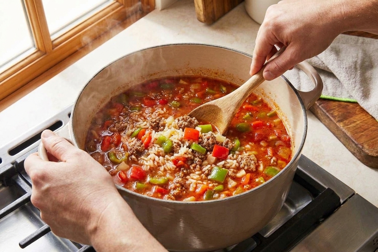 Hands stirring a pot of stuffed pepper soup on the stovetop, with visible diced peppers and rice in a tomato broth