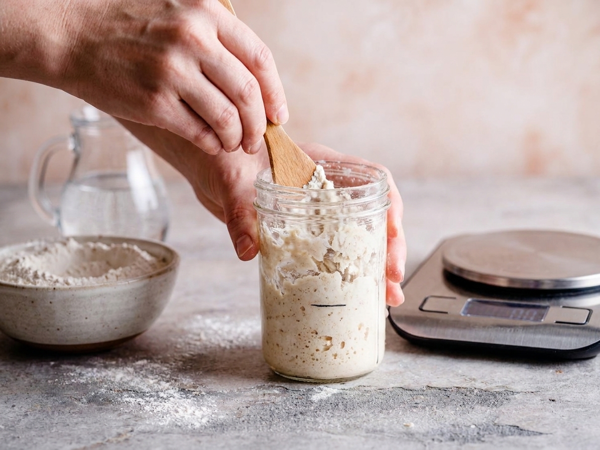 Hands stirring flour and water together in a glass jar with a small spatula, the mixture looking thick and shaggy