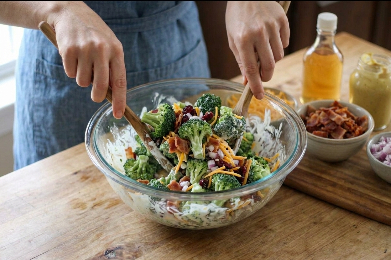 Hands tossing broccoli florets with creamy dressing in a large glass mixing bowl on a kitchen counter