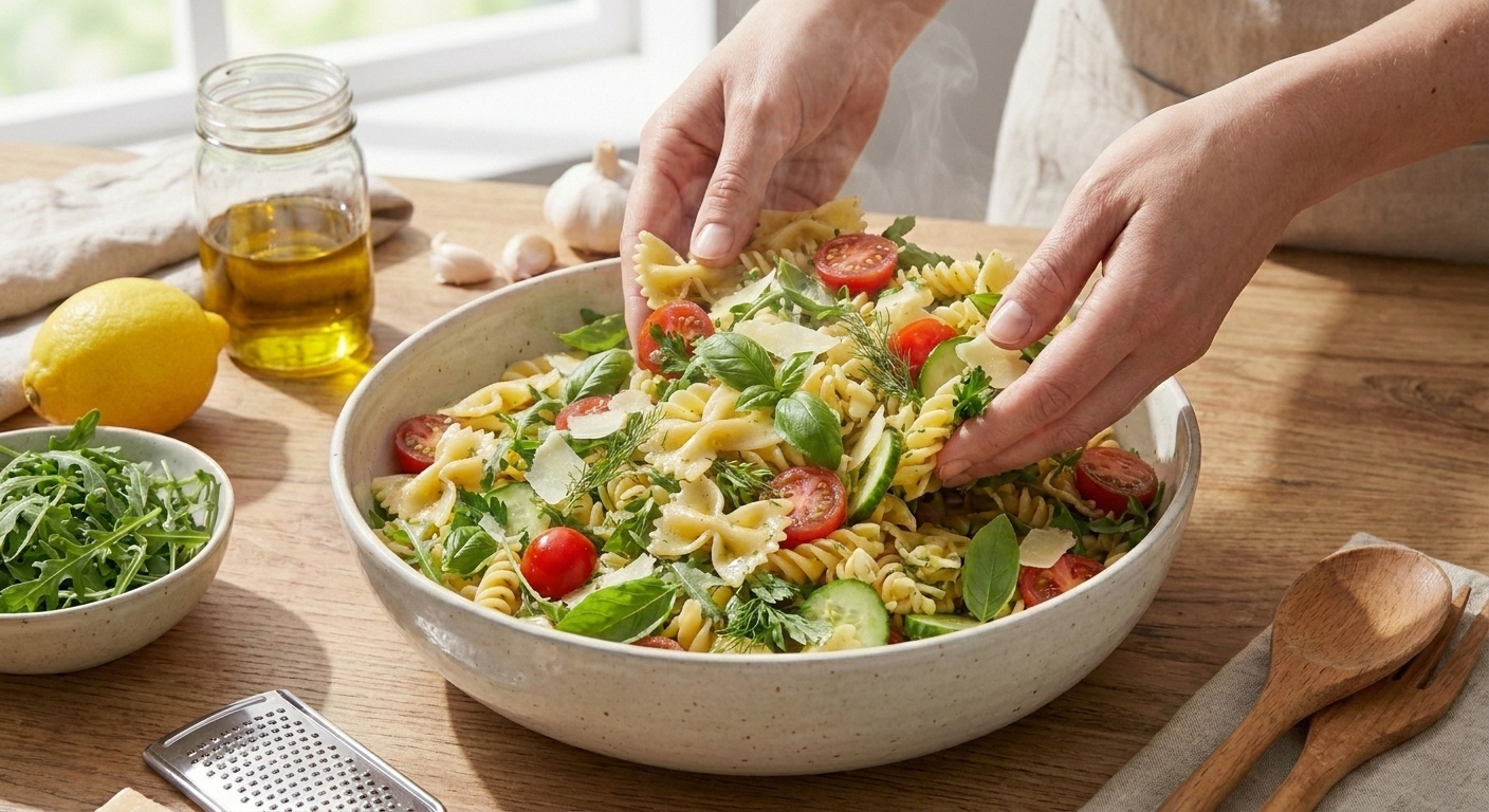 Hands tossing warm fresh pasta with lemon vinaigrette in a large white mixing bowl on a kitchen counter