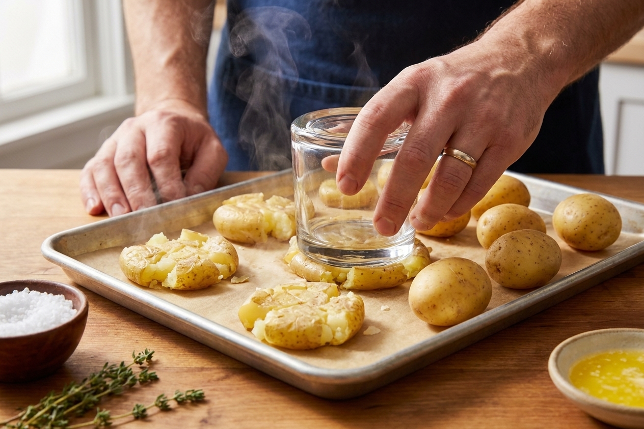 Hands using a flat-bottomed glass to smash boiled baby potatoes on a hot sheet pan