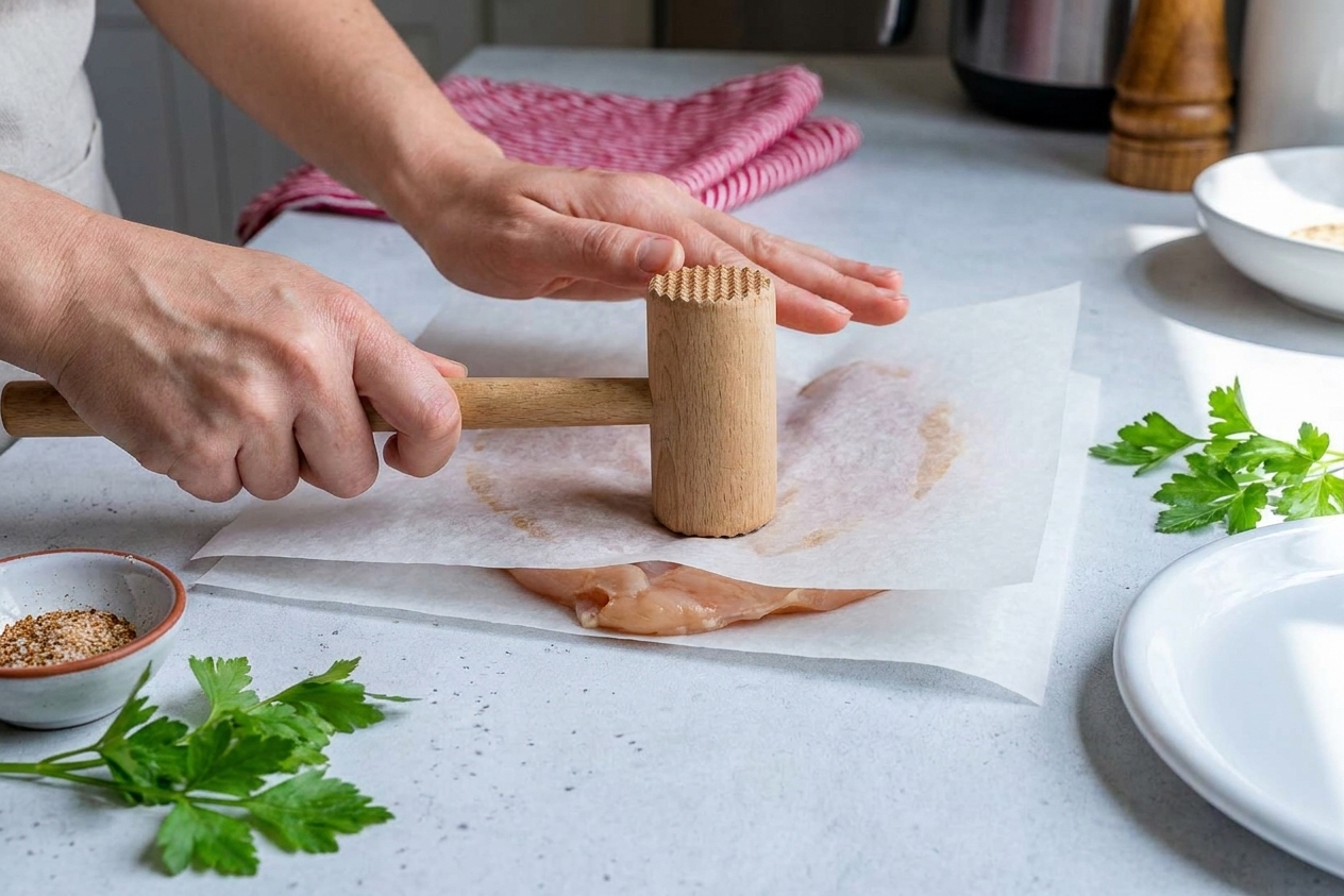 Hands using a meat mallet to gently pound a chicken breast between parchment paper on a kitchen counter