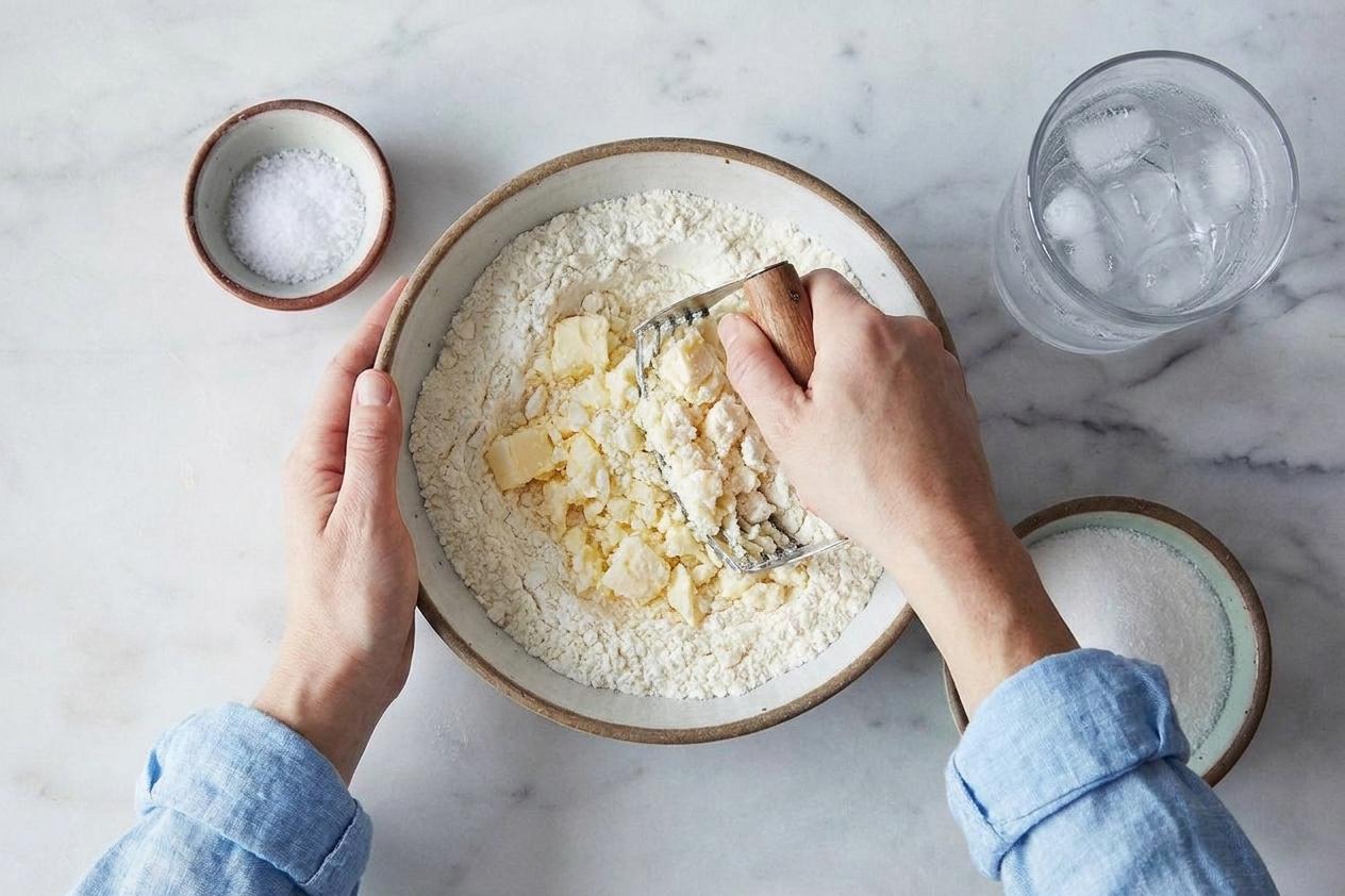 Hands using a pastry cutter to cut cold butter into flour in a large mixing bowl until pea-size pieces form