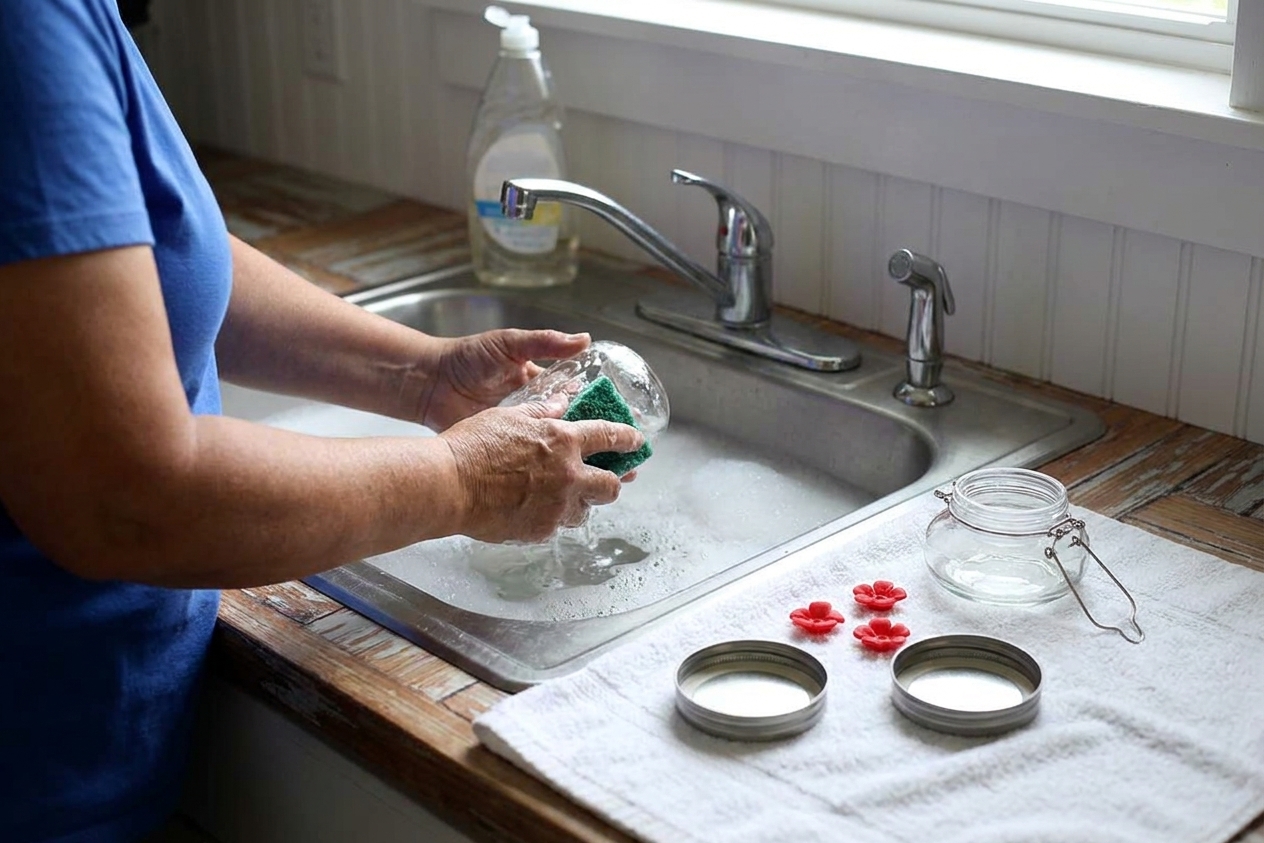 Hands washing a hummingbird feeder in a kitchen sink with warm soapy water, feeder parts laid out to dry on a clean towel