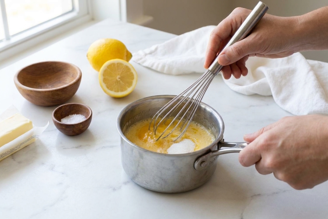 Hands whisking egg yolks, lemon juice, sugar, and salt in a stainless steel saucepan before cooking