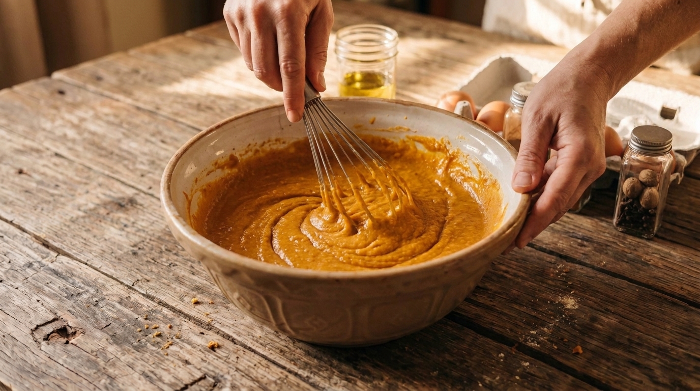 Hands whisking pumpkin bread batter in a large mixing bowl with visible pumpkin-orange color
