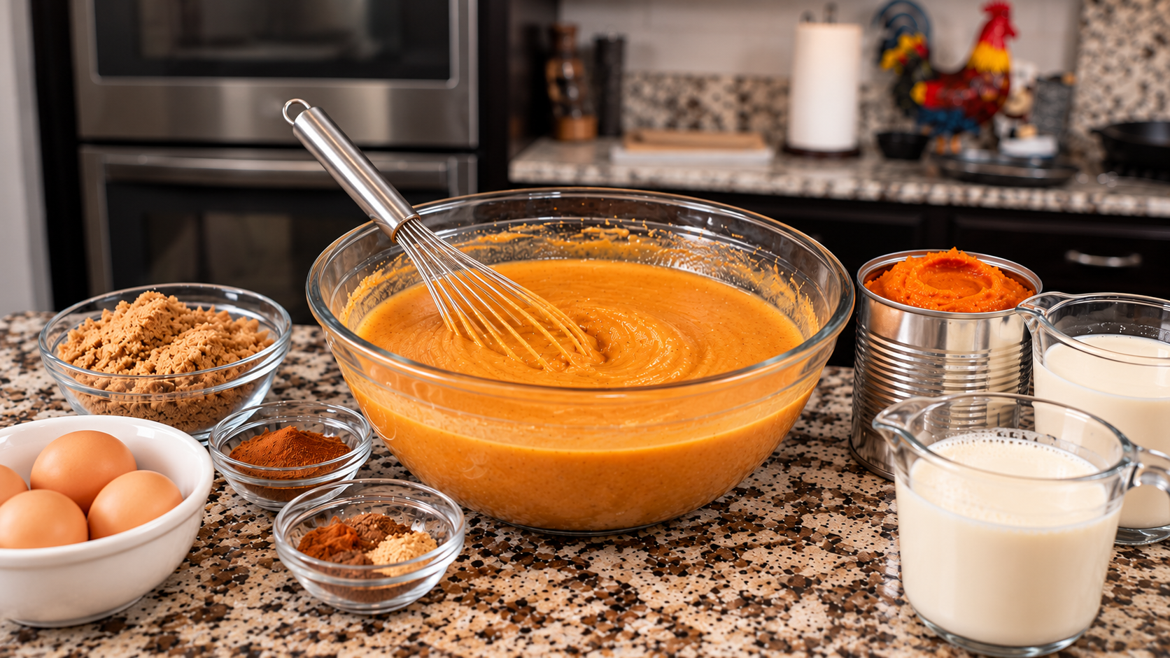 Hands whisking pumpkin pie filling in a large bowl with cinnamon and spices visible