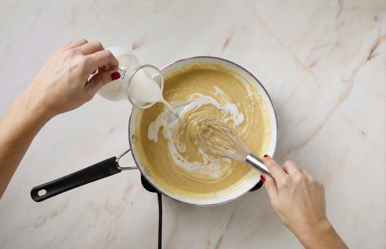 Hands whisking while a small stream of milk is poured into a roux in a saucepan