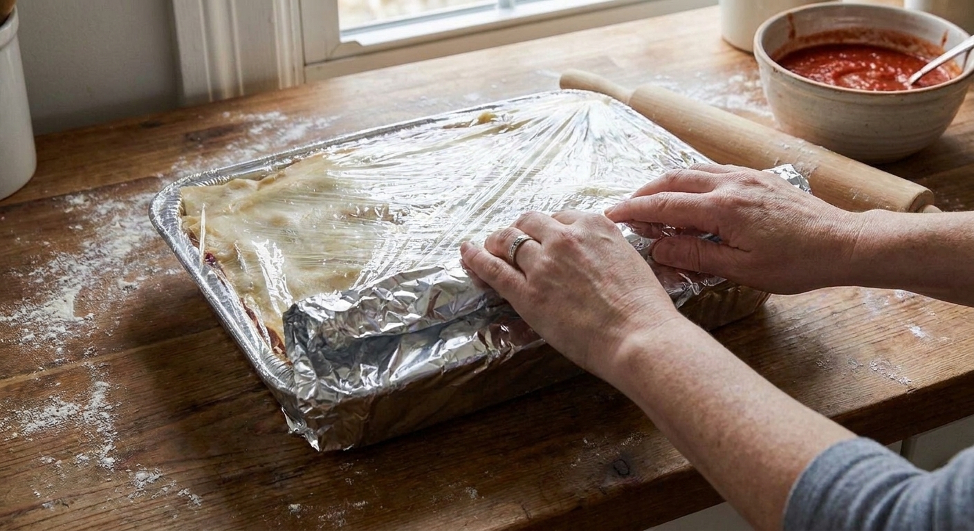 Hands wrapping a pan of lasagna tightly with foil on a kitchen counter