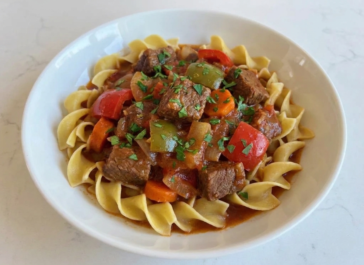 Hungarian beef goulash ladled over buttered egg noodles in a shallow bowl with chopped parsley