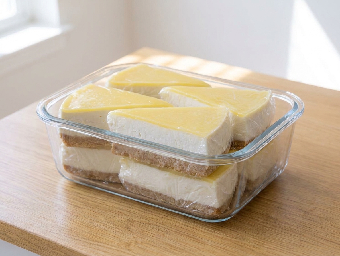 Individually wrapped slices of lemon cheesecake stacked in a freezer-safe container on a kitchen counter
