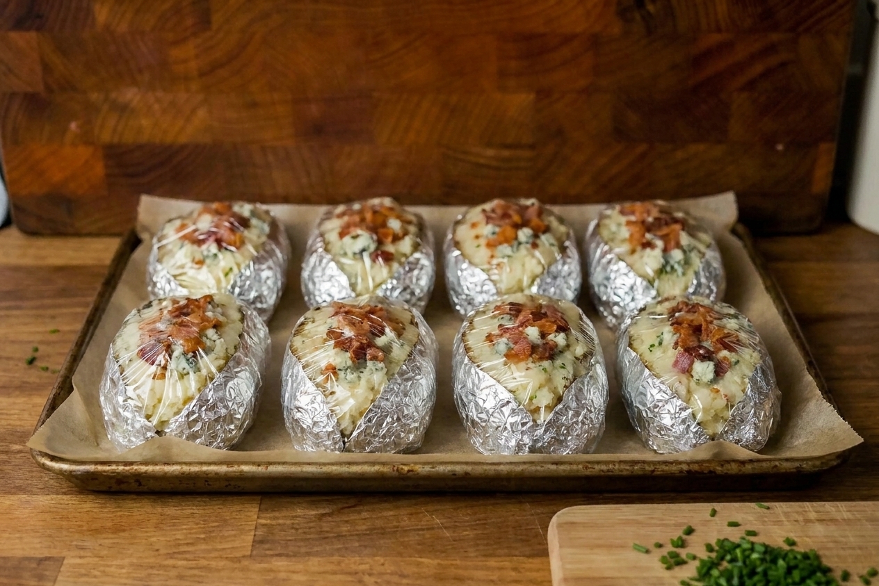 Individually wrapped twice-baked potatoes arranged on a tray ready to go into the freezer, photographed in a home kitchen