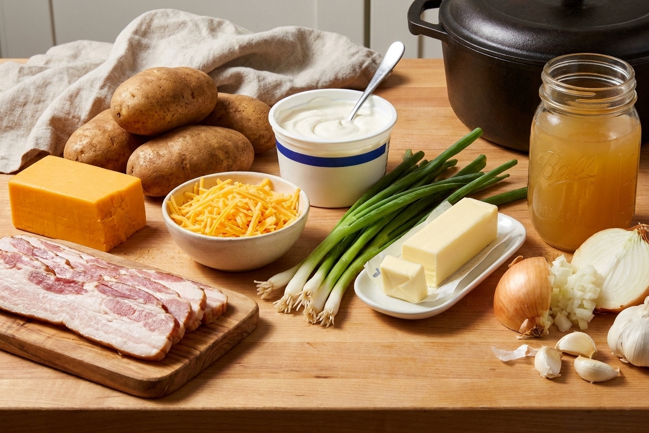 Ingredients for baked potato soup arranged on a kitchen counter: russet potatoes, bacon, cheddar cheese, sour cream, scallions, butter, onion, garlic, and broth