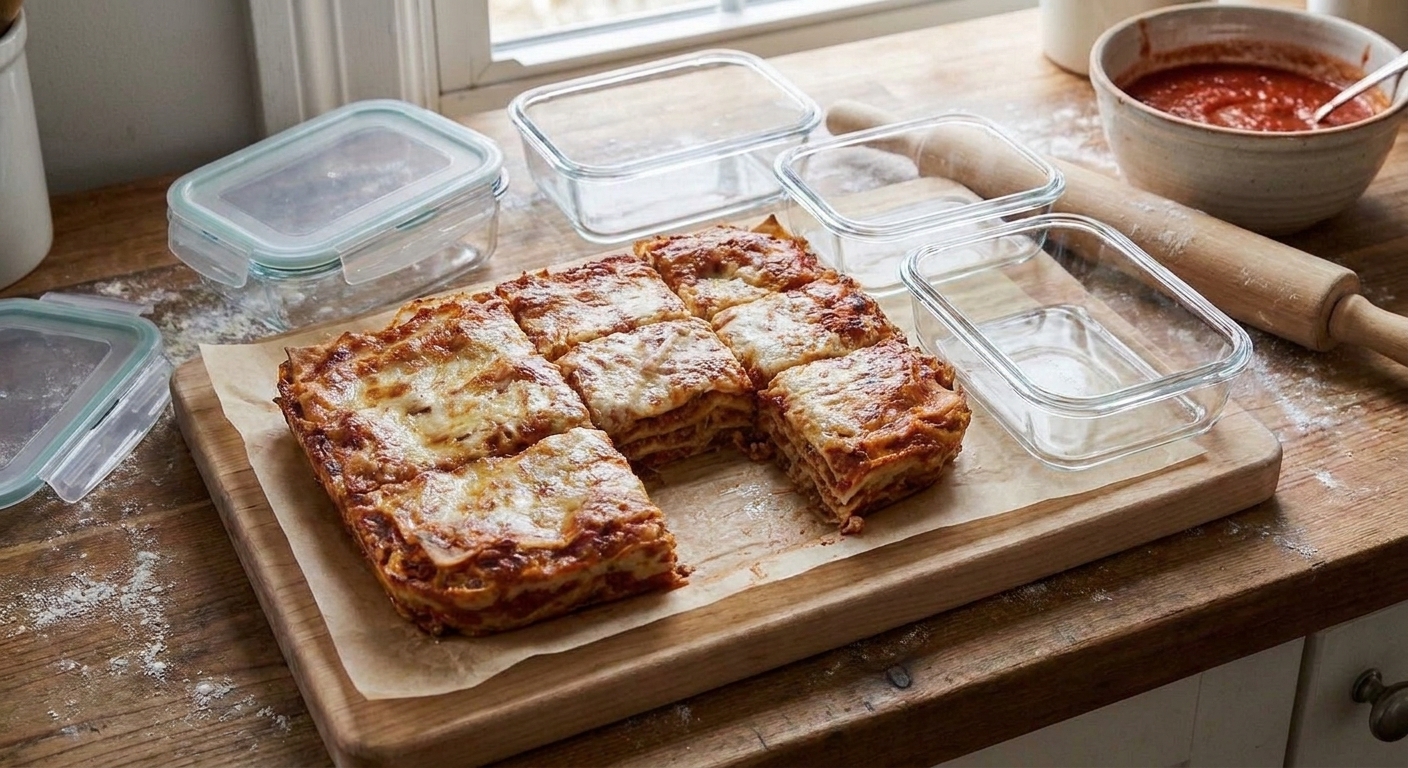 Lasagna cut into neat squares on a cutting board with parchment paper and meal prep containers nearby
