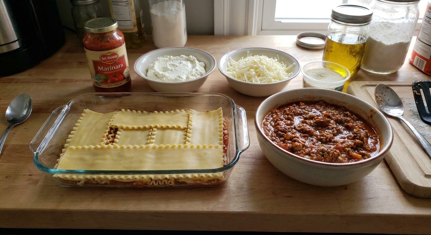 Lasagna ingredients arranged on a kitchen counter including cooked noodles, marinara sauce, ricotta, shredded mozzarella, parmesan, and a bowl of meat sauce