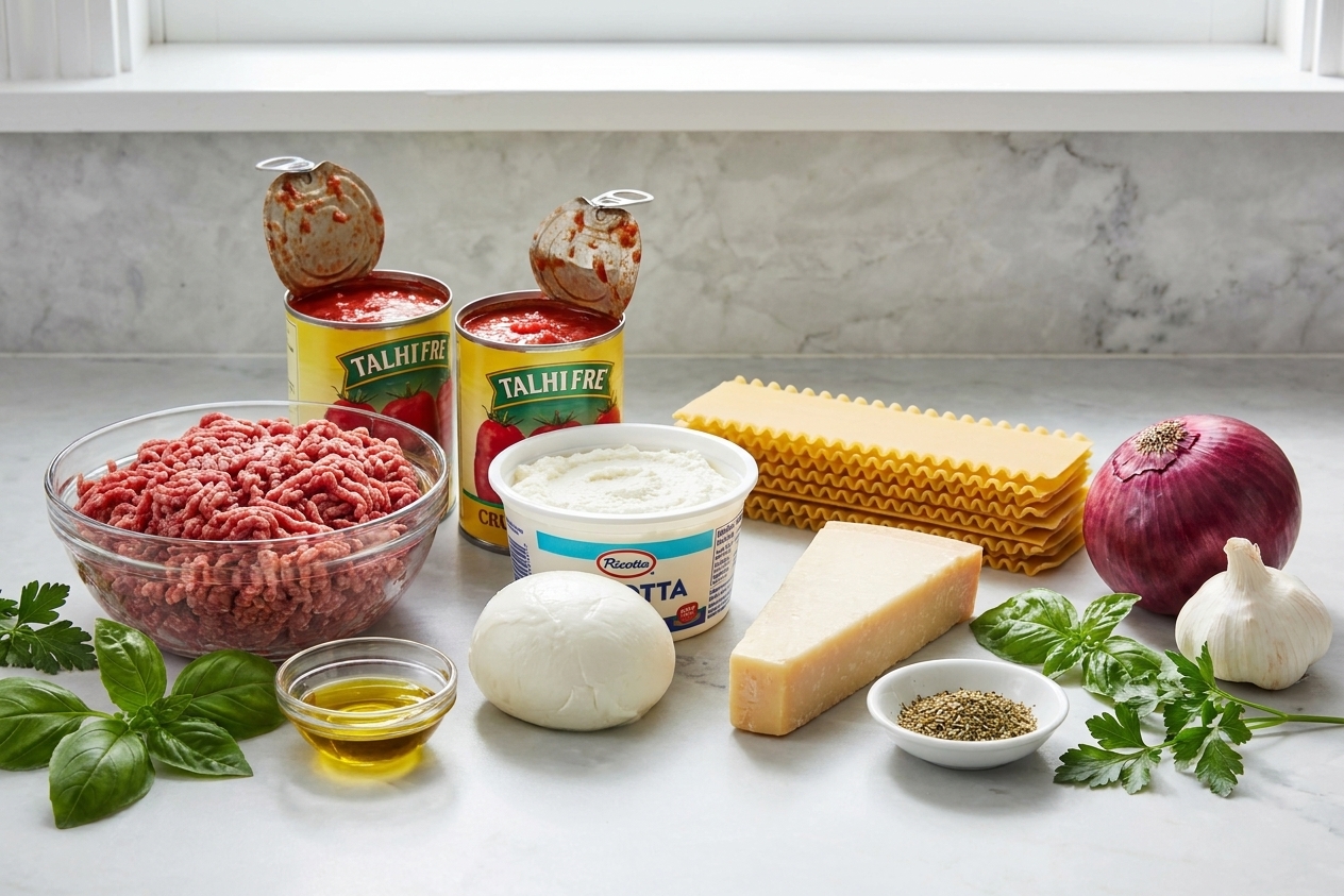 Lasagna ingredients arranged on a kitchen counter, including ground meat, canned tomatoes, ricotta, mozzarella, parmesan, dried lasagna noodles, onion, garlic, and herbs