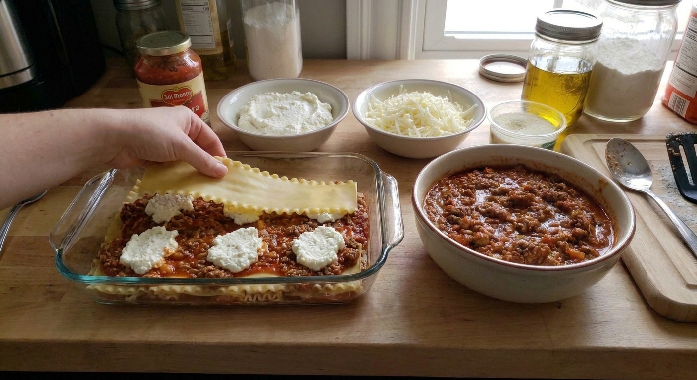 Lasagna noodles being layered over red sauce in a baking dish on a kitchen counter