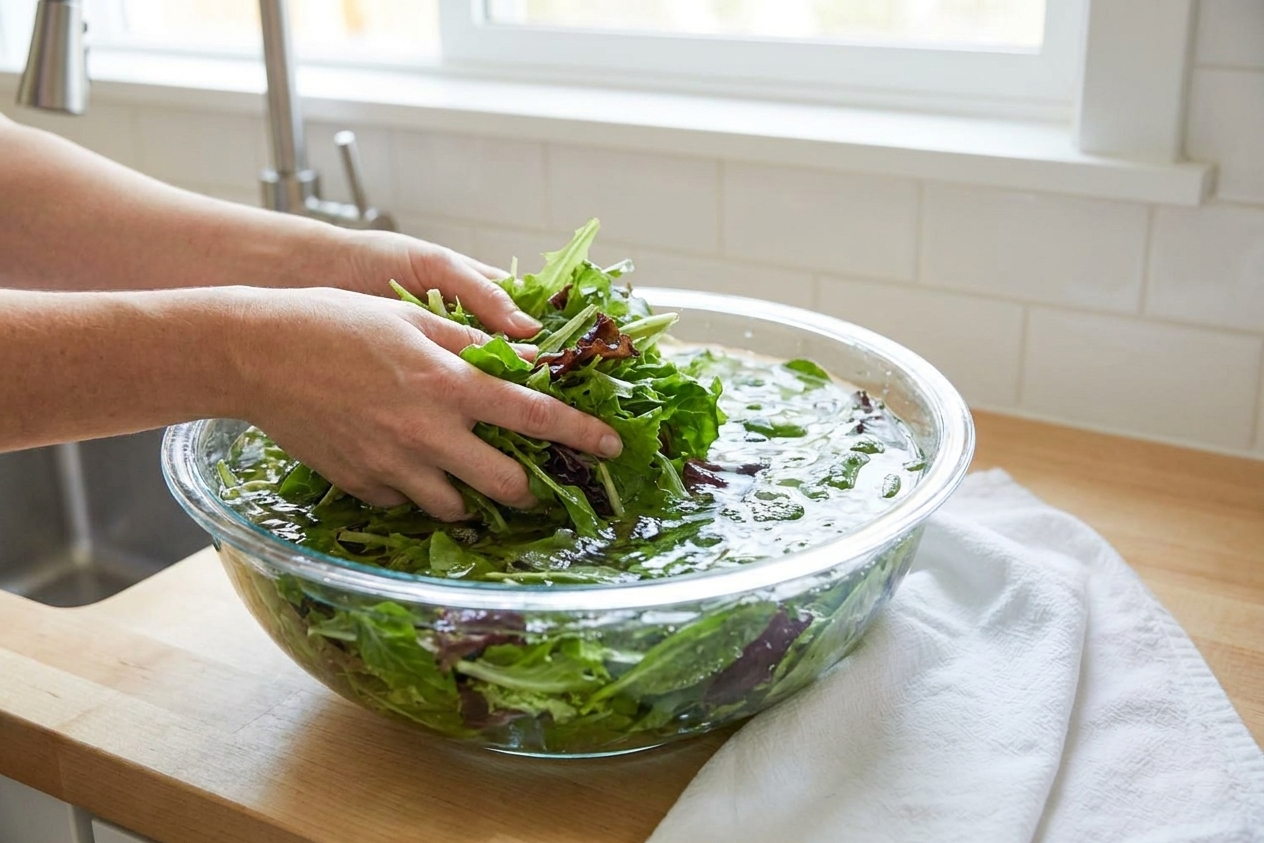 Leafy greens being swished in a large bowl of cold water on a kitchen counter
