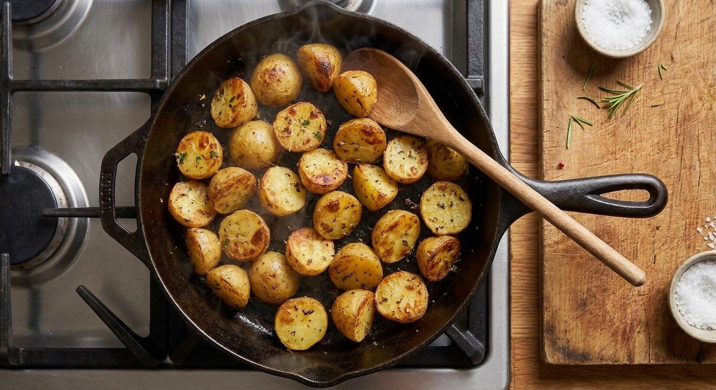 Leftover roasted potato pieces crisping in a cast iron skillet on a stovetop with a wooden spoon nearby