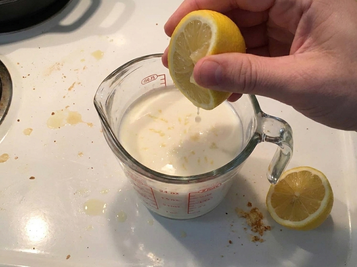 Lemon juice being added to a glass measuring cup of milk to make a quick buttermilk substitute on a kitchen counter