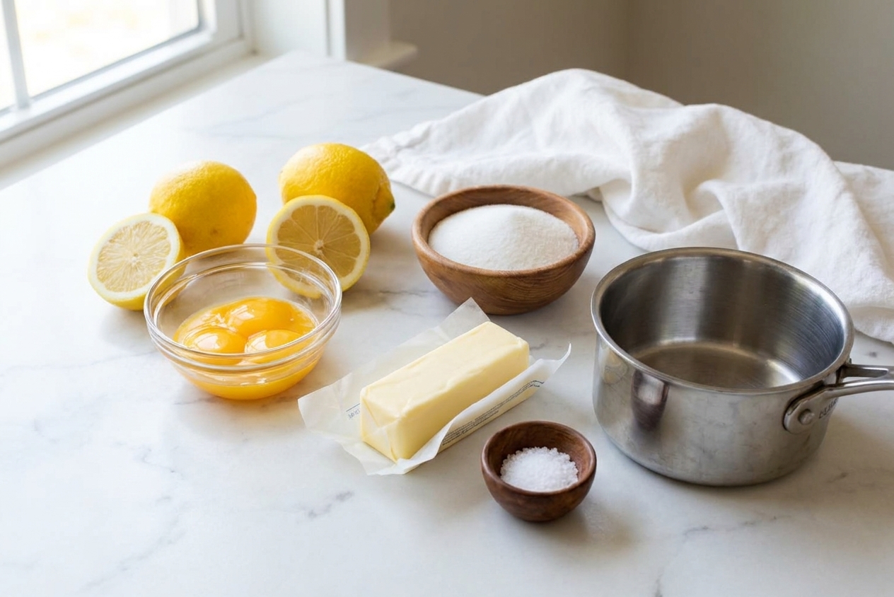 Lemons, egg yolks in a small bowl, a stick of butter, salt, sugar, and a small saucepan arranged on a kitchen counter