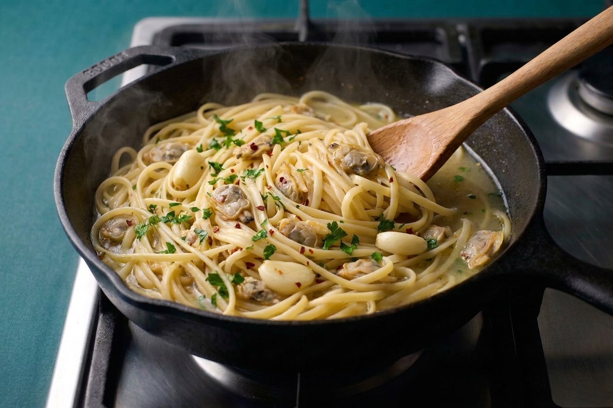 Linguine being tossed in a pan with canned clams, garlic, and a light broth-based sauce