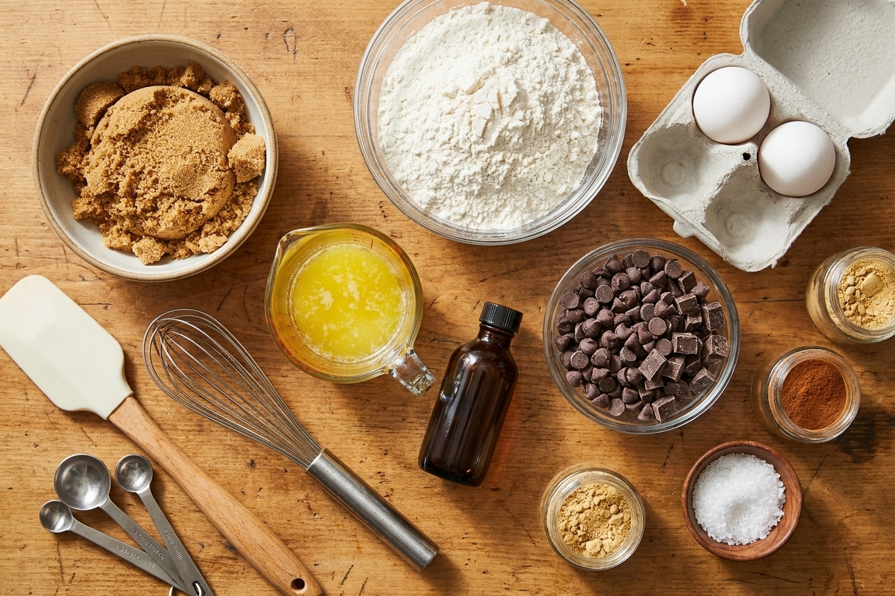 Measured baking ingredients on a kitchen counter including brown sugar, flour, melted butter, eggs, vanilla, chocolate chips, cinnamon, ginger, and flaky salt