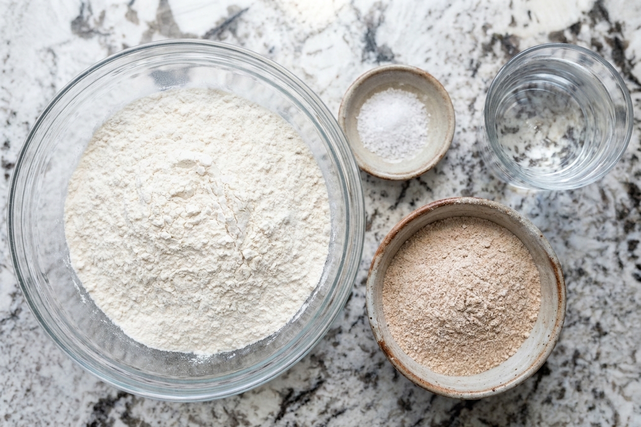 Measured bread flour, a small bowl of whole wheat flour, a dish of salt, and a glass of water arranged on a kitchen counter