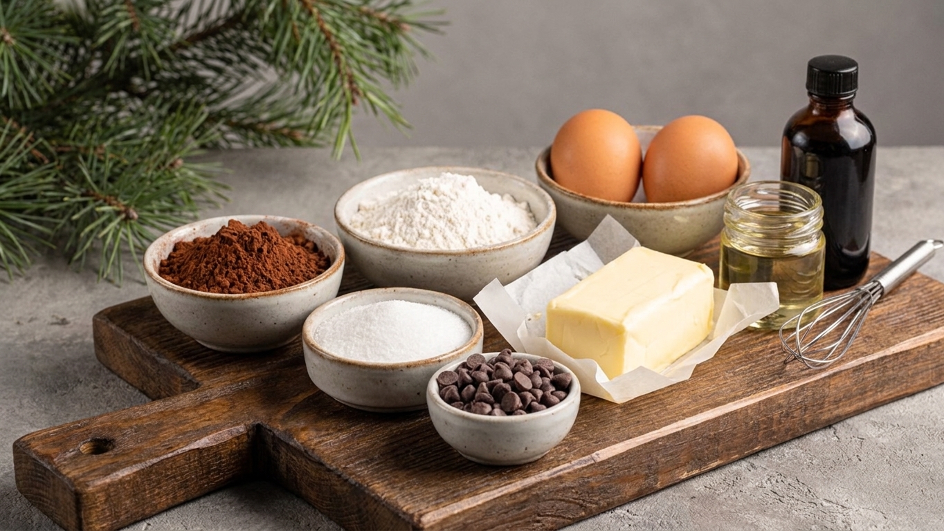 Measured brownie ingredients on a kitchen counter including cocoa powder, flour, sugar, eggs, butter, neutral oil, vanilla, and chocolate chips in small bowls
