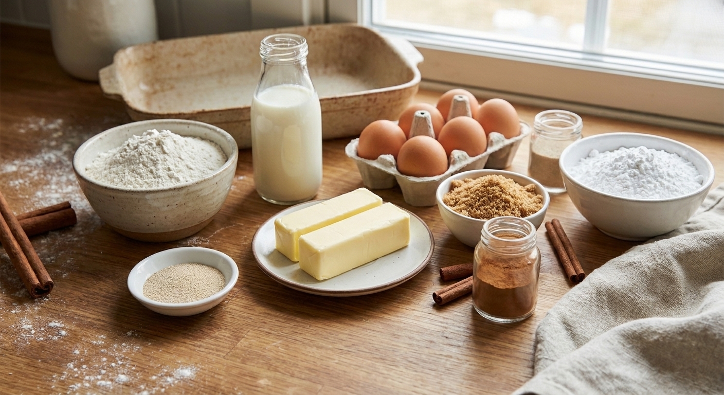 Measured cinnamon roll ingredients on a kitchen counter including flour, yeast, milk, butter, eggs, brown sugar, cinnamon, and powdered sugar