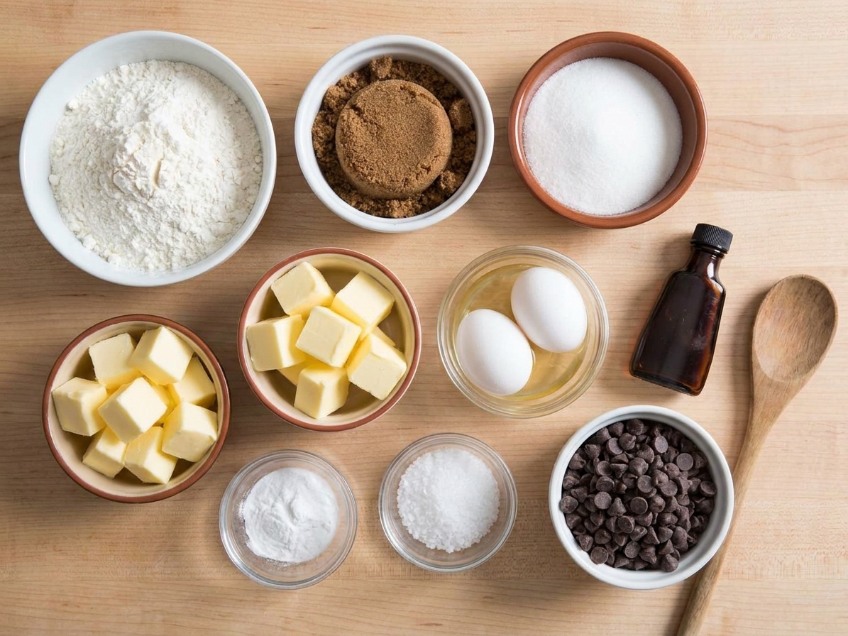 Measured cookie dough ingredients in small bowls on a kitchen counter, including flour, brown sugar, granulated sugar, butter, eggs, vanilla, baking soda, salt, and chocolate chips