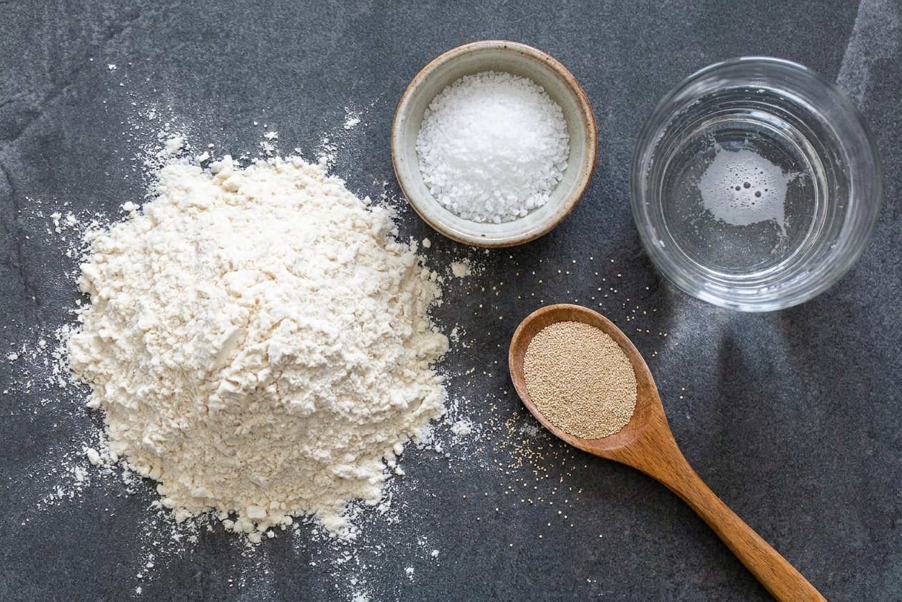 Measured flour, a small bowl of salt, a spoonful of yeast, and a glass of water arranged on a kitchen counter