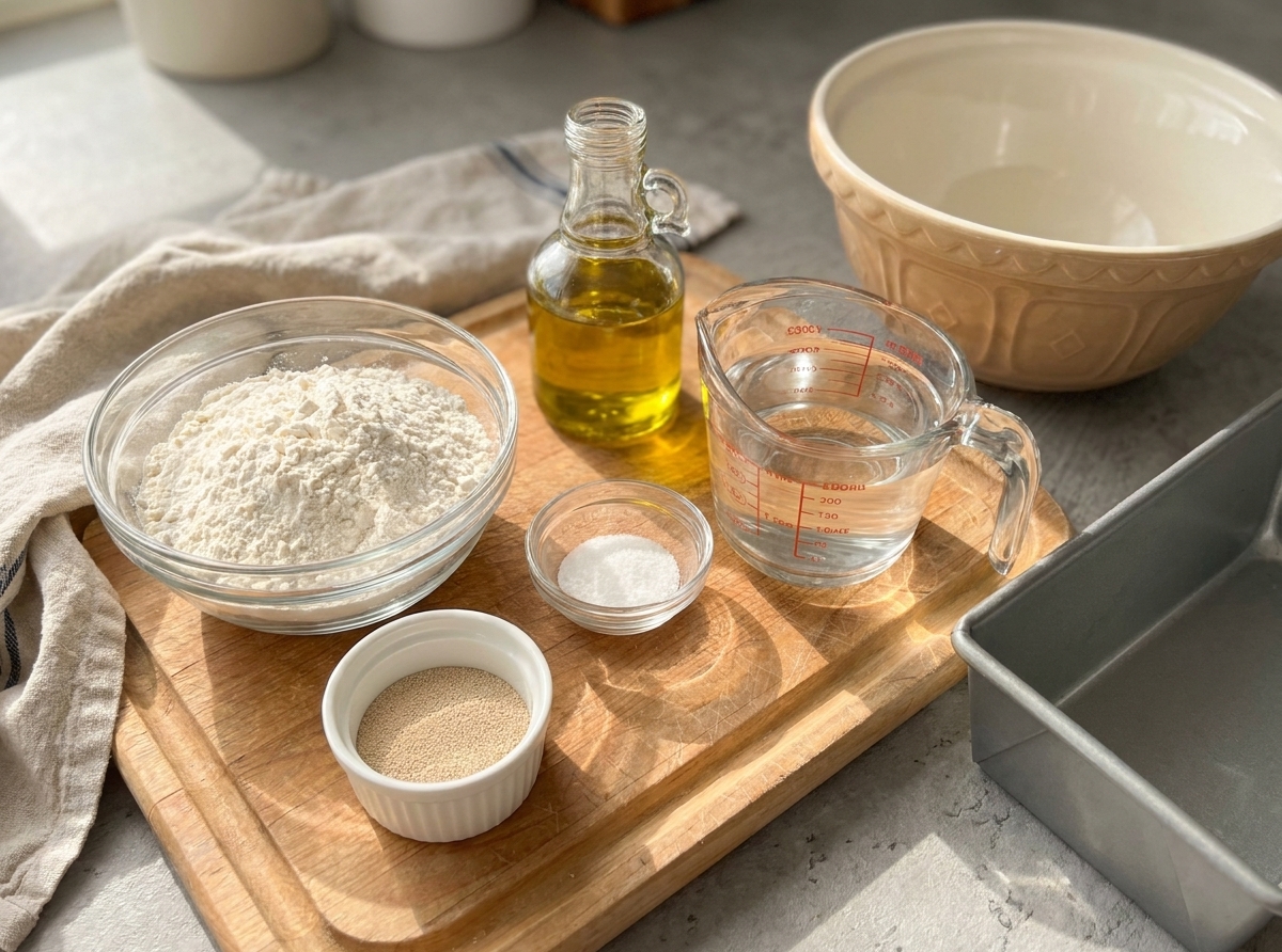 Measured flour, instant yeast, salt, warm water, and olive oil arranged on a kitchen counter with a loaf pan and mixing bowl