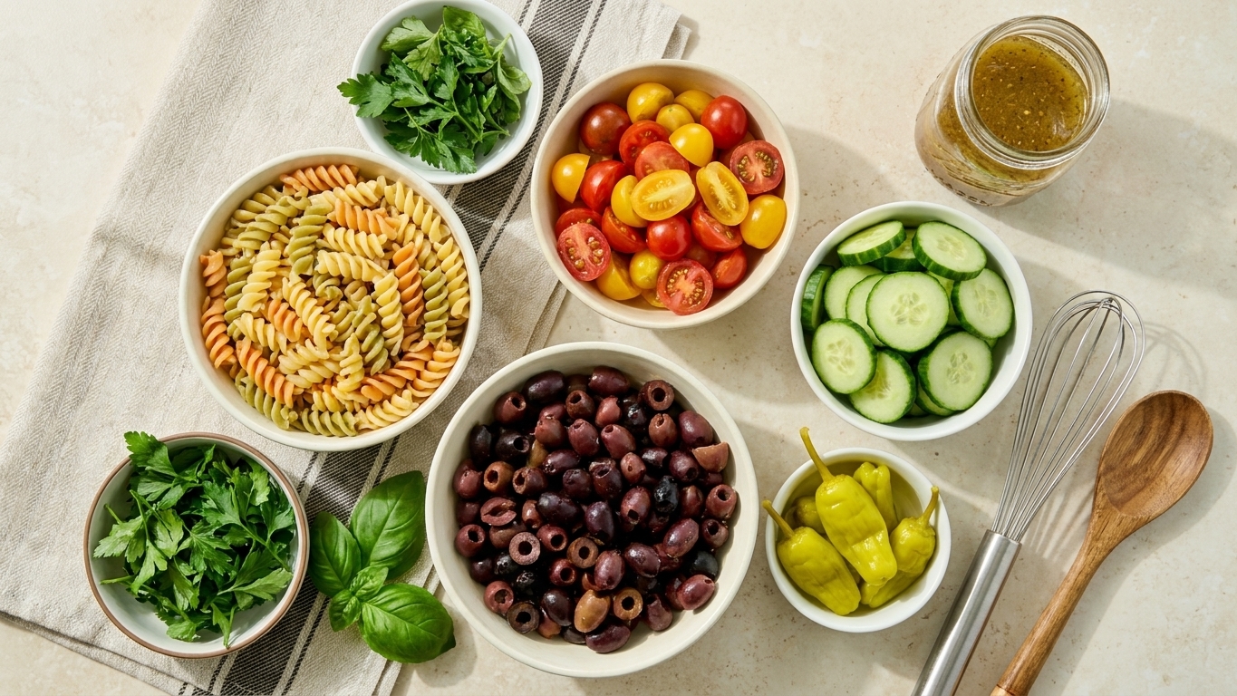 Measured ingredients for Italian dressing pasta salad on a bright kitchen counter, including rotini, cherry tomatoes, cucumber, olives, pepperoncini, herbs, and a jar of dressing